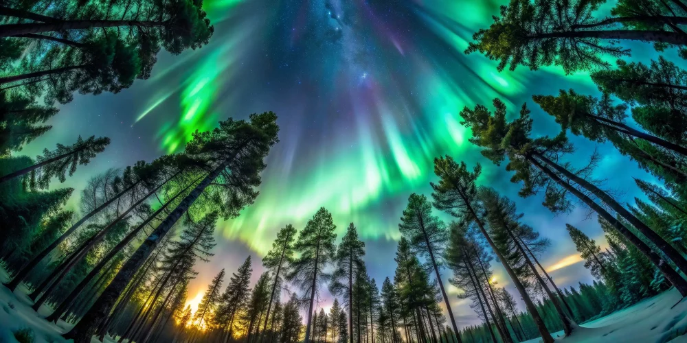 Forest canopy under the northern lights, fisheye lens, nighttime, aurora borealis, pine trees, starry sky, snowy ground